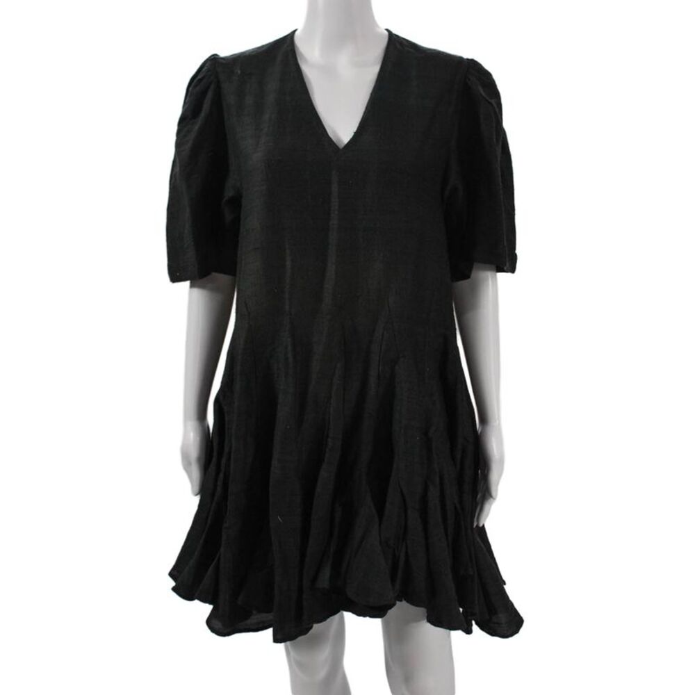 Rhode Womens A-Line Trapeze Swing Dress Black V-Neck Short Sleeve Cotton Size L